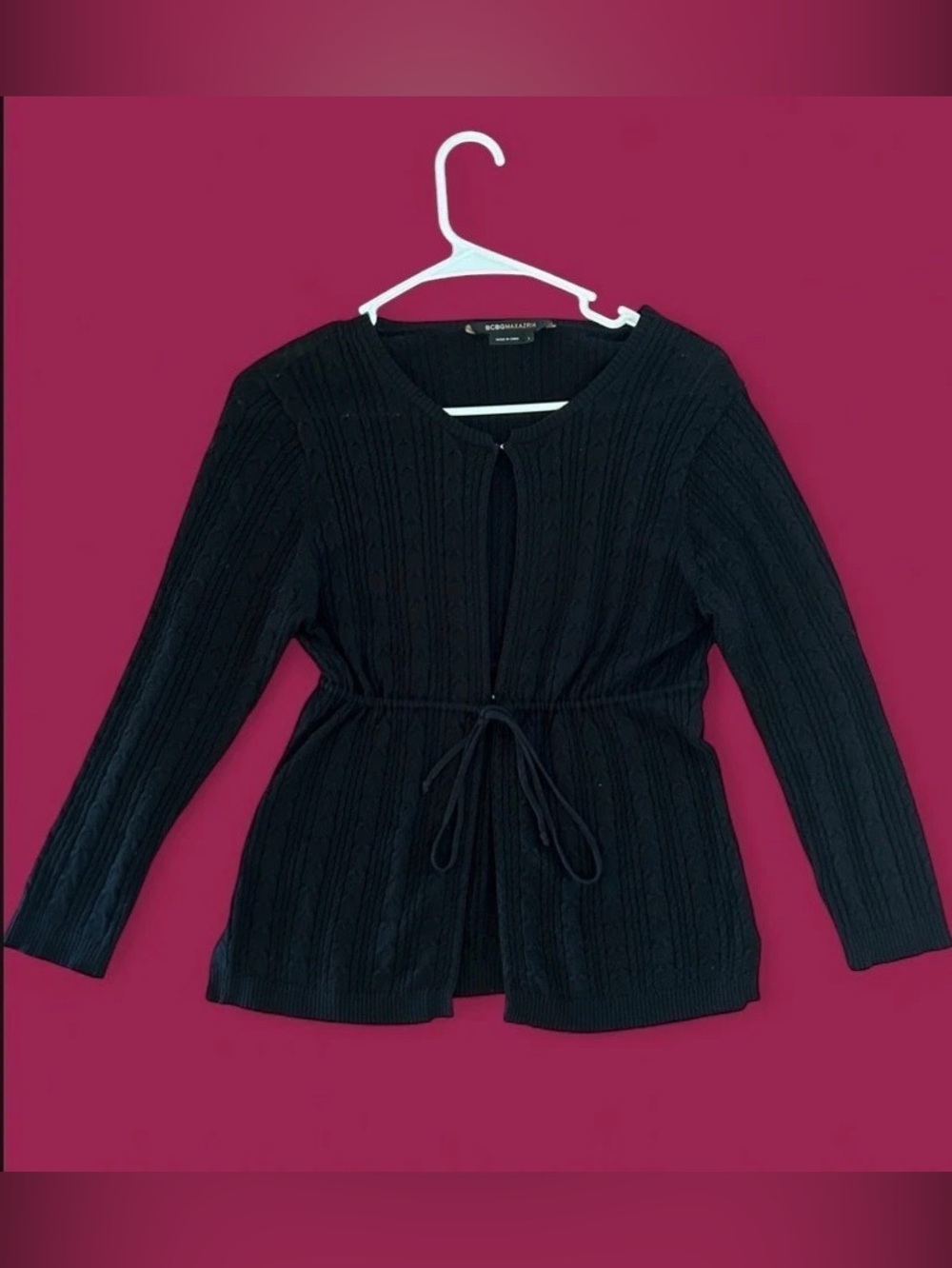 BCBGMAXAZRIA Black Cable Knit Tie Front Babydoll Cardigan
